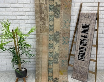 Handgjord löparmatta, bleknad matta, salongsmatta, korridormatta, turkisk vintagematta, bohemisk matta, entrématta, gammal matta, bohemisk matta, 2,1x6,6 fot