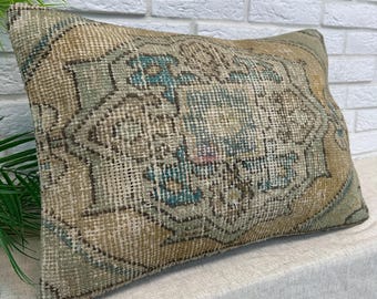 Vintage türkischer Kissenbezug 16x24, türkischer Vintage Kissenbezug mit Reißverschluss, türkischer Kilim Kissenbezug Wolle, Boho Kissenbezug