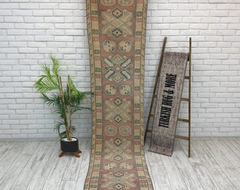 Traditional Rug, Handmade Oushak, Aesthetic Rug, Pink Rug, Stair Rug, Hallway Rug, Vintage Turkish Rug, Low Pile Runner, 2.3x9.7 ft