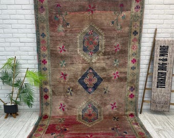 3x5 ヴィンテージ トルコラグ：手織りウールの幾何学模様エリアラグ
