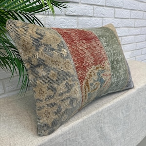 Colorful Patchwork Kilim Pillow, Handmade Vintage Rug Cushion, Boho Eclectic Sofa Decor, Tribal Lumbar Pillow Cover, Wool Textile Accent