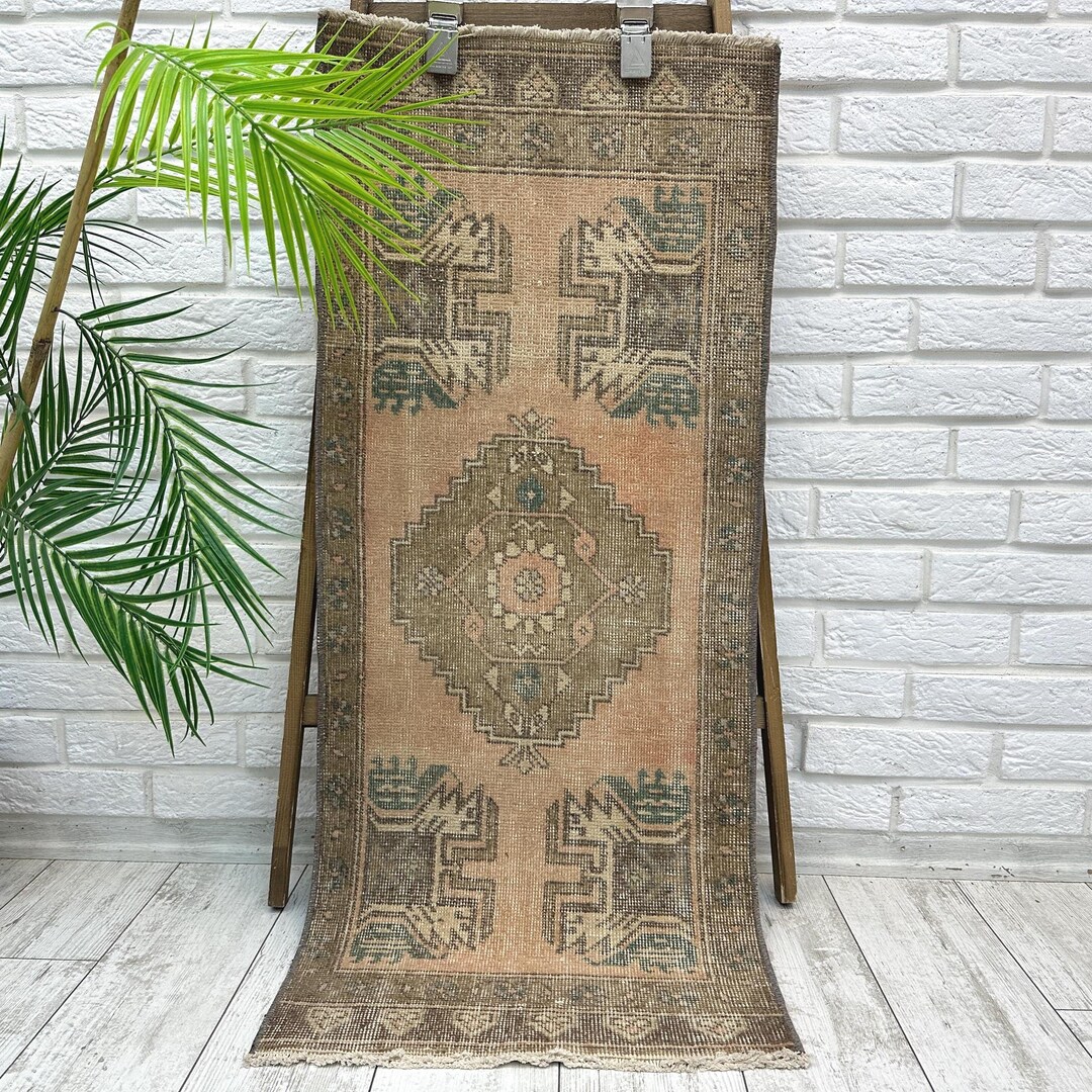 1x4 Brown Kitchen Rug, Entryway Wool Rug, Mini Area Rug, Oushak Rug ...