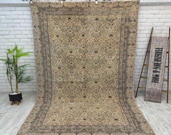 Large 6x9 Vintage Turkish Rug, Handmade Distressed Beige Rug, Antique Floral Area Rug, Oriental Bohemian Living Room Decor, Rustic Floor Rug