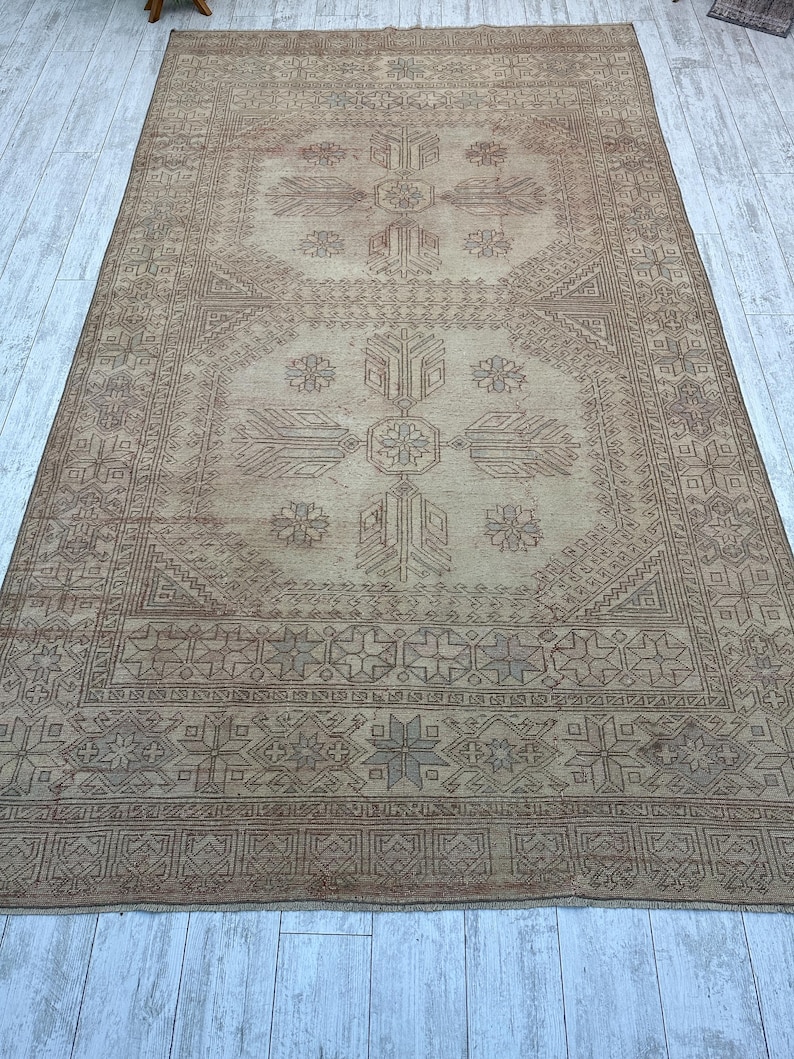 Tappeto rosa da fattoria 5x9, tappeto vintage fatto a mano, tappeto turco Oushak, tappeto grande, tappeto orientale da soggiorno, tappeto rettangolare in lana 5,7x9 piedi immagine 7