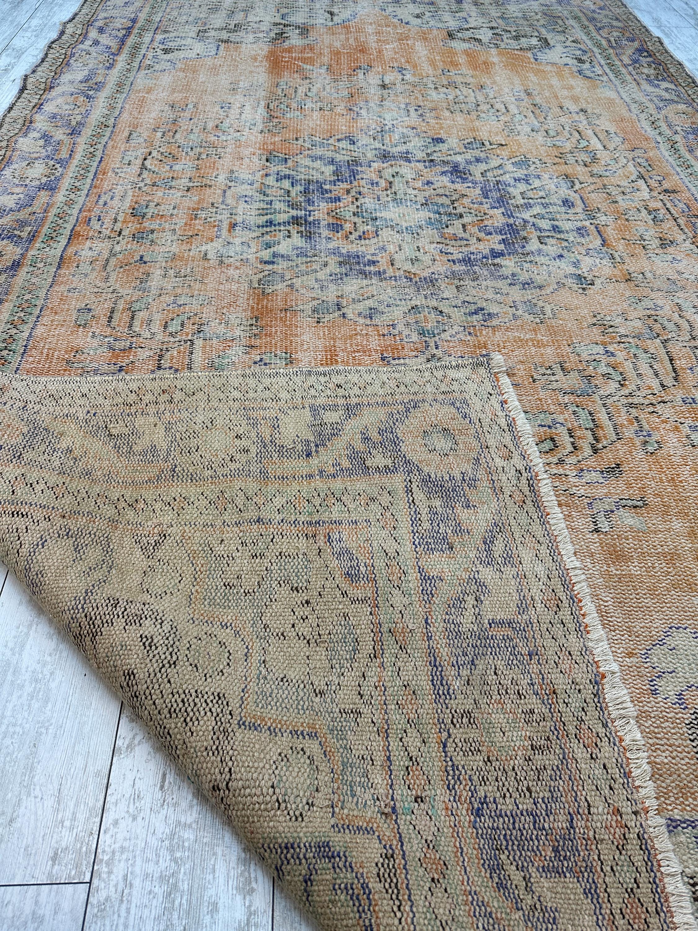Vintage Turkish Oushak Area Rug, Muted Terracotta and Blue, Hand