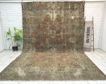 8x12 Vintage Handmade Rug, Orange Large Rug, Living Room Rug, Oversized Wool Rug, Distressed Floral Rug, Oushak Rug, Medallion Rug, 8.2x12ft