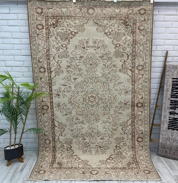 Beige Blumenteppich, 150x200 Handgefertigter Türkischer Teppich, 150x200 Oushak Teppich, Wohnzimmerteppich, Boho Teppich, Antiker Teppich, Eingangsbereich, Büroteppich