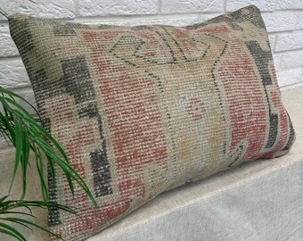 Pink Rug Pillow, Home Decor, Throw Rug Pillow, 16x24 Pillow Cover, Turkish Carpet Pillow, Vintage Rug Pillow, Decorative Pillow Beige