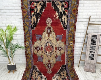 4x9 Oushak Runner Rug, Long Runner Rug, Handmade Rug, 4x9 Soft Turkish Rug, Entryway Rug, Vintage Rug, Retro Rug, Hallway Rug, 4.5x9 ft
