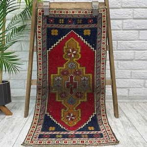 Bathroom Rug, Small Vintage Rug, Kilim Rug, 1x3 Oushak Rug, Small Turkish Rug, Doormat Rug, Tiny Turkish Rug, Vintage Wool Rug, 1.4x3.0 ft