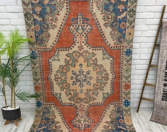 Vintage Turkish Rug, 4x7 Pink Bohemian Rug, Area Rug, Oushak Rug, Rustic Rug, Living Room Rug, 4x7 Antique Rug, Kitchen Rug, Decor Rug