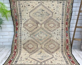 100x120 Türkischer Beige Teppich, Geometrischer Teppich, Vintage Teppich, Boho Teppich, Wohnzimmerteppich, 100x120 Antik Küchenteppich, 100x120 cm