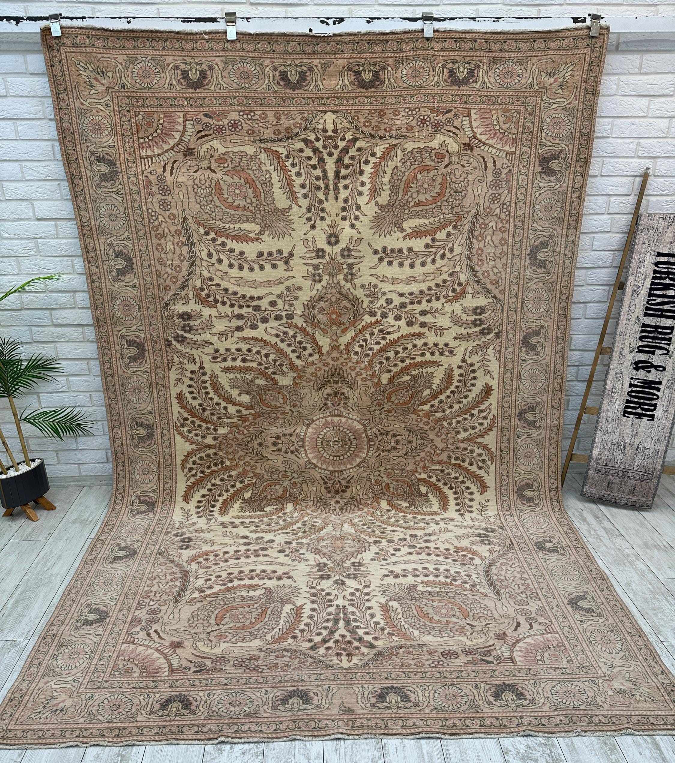 7x10 Vintage Oushak Rug, Red Floral Turkish Area Rug, 6.8x10.2 Ft