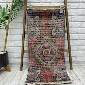 1x3 mini tapis Oushak, petit tapis, petit tapis bohème, tapis turc, tapis de cuisine, tapis turc tissé à la main, petit tapis de cuisine, 1,3 x 3,1 pi