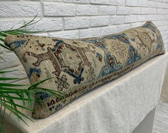 Extra Long Kilim Lumbar Pillow, 12x48 Vintage Turkish Rug Cushion Cover, Neutral Boho Body Pillow For Bed, Handwoven Wool Decorative Pillow