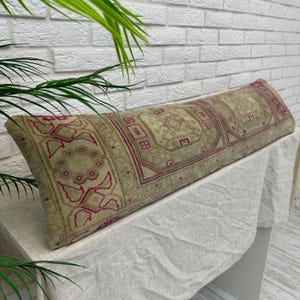 Vintage Turkish Rug Pillow Cover | Handmade Lumbar Pillow | Bohemian Bed Pillow | Navy Rust Floral Cushion | 12x48 Lumbar Pillow