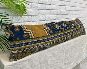 Turkish Vintage Kilim Patchwork Pillow Cover 12x48&quot;, Turkish Rug Lumbar Cushion, Boho Chic Long Sofa Pillow for Home Decor, Vintage Pillow