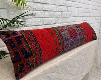 Vintage Kilim Patchwork Lumbar Pillow Cover 12x48&quot;, Handmade Turkish Rug Cushion, Bohemian Long Sofa Pillow for Home Decor, Turkish Cover