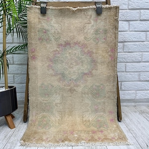 1x3 Orange Small Rug, Vintage Bathroom Rug, Old Wool Rug, 1x3 Doormat Rug, Turkish Mini Rug, Oushak Door Mat, Turkish Rug, 1.8x3 ft