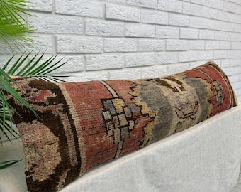Handmade Patchwork Pillow 12x48", Wool Vintage Turkish Rug Lumbar Cushion, Boho Chic Long Pillow, Sofa or Bed Decor Case, Rug Pillow