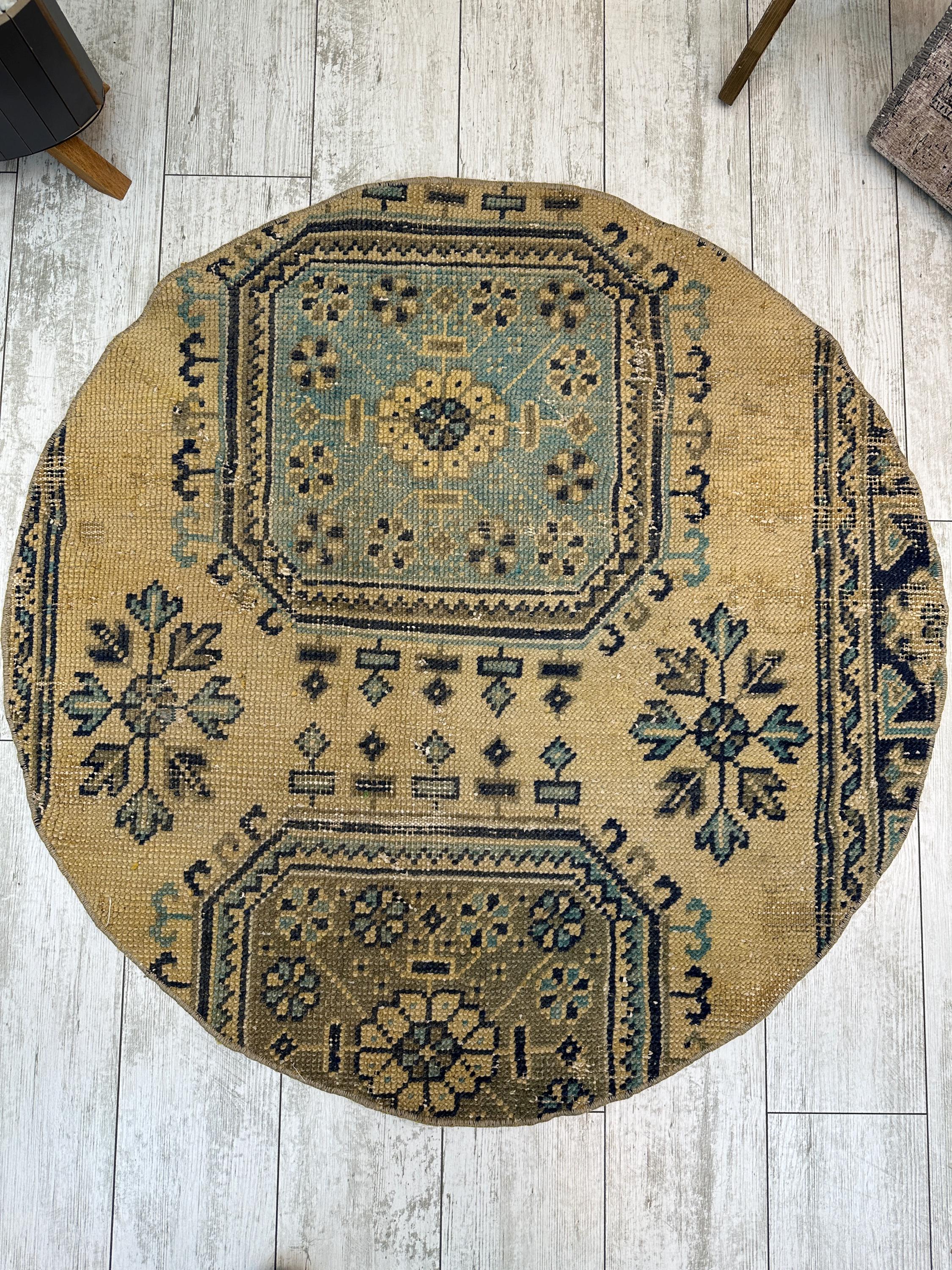 Handmade 3x3 Round Turkish Rug, Distressed Wool Turkish Rug, Rustic ...