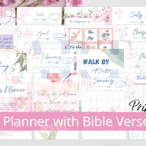 Puede incluir: Páginas de calendario mensual imprimibles con diseños florales y versículos bíblicos. Cada página presenta un mes diferente del año, con un espacio para escribir notas y una página de planificación semanal.