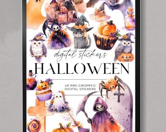 Pegatinas digitales con temática de Halloween 40 hermosas pegatinas PNG precortadas para uso personal o comercial en colores morado, naranja y gris para otoño