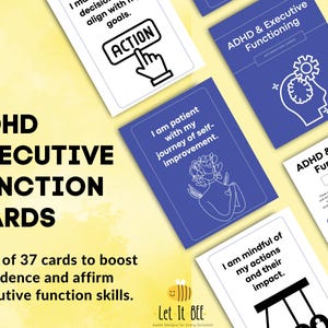 May include: ADHD Executive Function Cards. A pack of 37 cards with affirmations to boost confidence and executive function skills. The cards are white and blue with black text and graphics. The background is yellow.