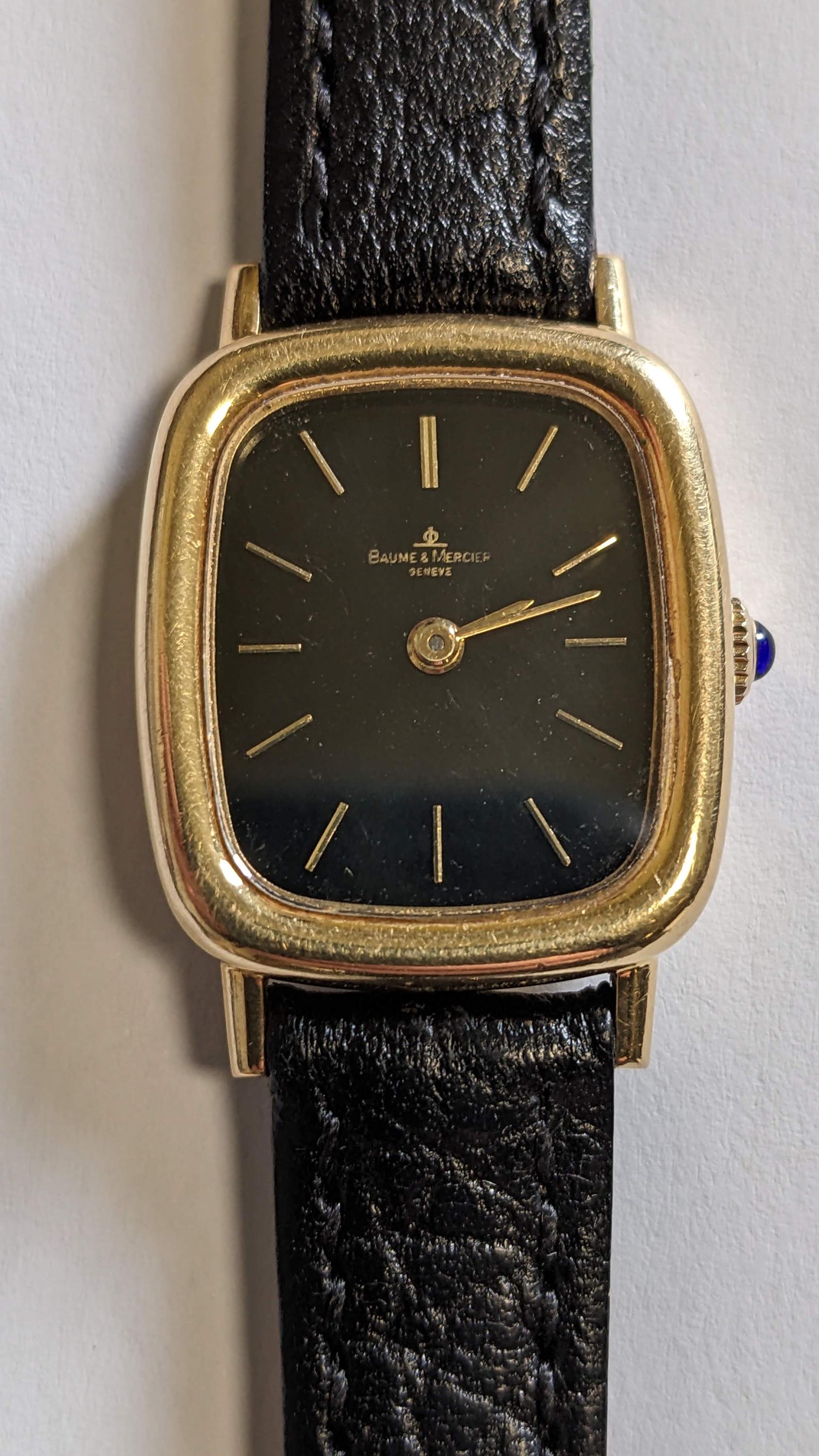 70s Baume & Mercier 18k Yellow Gold Blue Sapphire Ladies 
