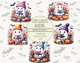 Fantasma fofo de Halloween lendo em aquarela (Imagem PNG para download digital)