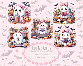 Cute Halloween Ghosts Reading, Pink Bow Ghosts Reading png, Ghosts Drinking Coffee png, Spooky Season clipart, Cute Halloween Clipart