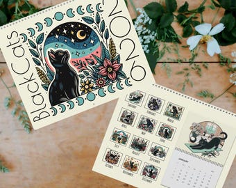 2026 Black Cat Calendar | Yearly Wall Calendar | Plain Grid