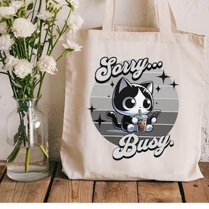 Busy Cat Tote Bag, Funny Cat Tote Bag, Coffee Cat Tote Bag, Black Cat Tote Bag, Cotton Canvas Tote Bag