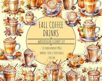 Fall Coffee Clipart, Set of 18 PNGs, Watercolor Coffee Clipart, Fall Latte Clipart, Fall Coffee PNGs, Fall Clipart, Fall PNGs