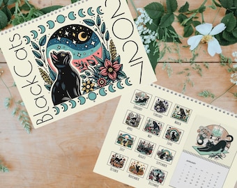 Calendario Gato Negro 2027 / Calendario Gato Retro / Calendario de Pared Anual 2027 / Cuadrícula Simple