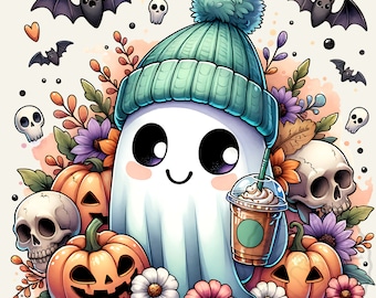 Cute Halloween Ghost PNG, Ghost Drinking Coffee png, Ghost with Beanie png, Spooky Season clipart, Halloween clipart, Cute Halloween Clipart
