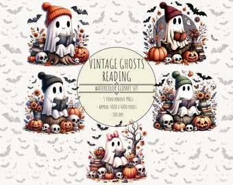 Imagens PNG de fantasmas de Halloween, fantasmas lendo livros (PNG), fantasma de gorro (PNG), clipart da temporada assustadora, clipart fofo de Halloween, fantasmas em aquarela vintage.