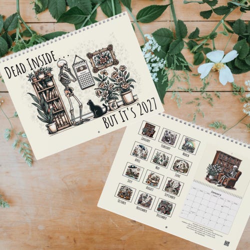 Calendrier « Mort à l'intérieur mais c'est 2027 », calendrier mural squelette pour 2027, calendrier d'humour noir, calendrier mural squelette, squelette style vintage