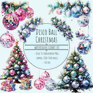 Disco Ball Weihnachtscliparts, Set mit 50+ PNGs, Aquarell Weihnachtscliparts, Disco Weihnachtscliparts, Discokugel PNGs, Weihnachten Cliparts, Weihnachten PNGs