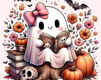 Cute Vintage Halloween Ghost PNG, Cottagecore Ghost png, Pink Bow Ghost png, Spooky Season clipart, Halloween clipart, Cute Halloween Design