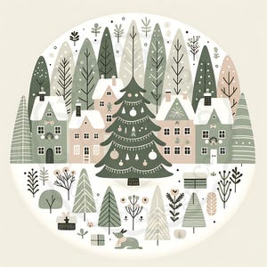 Può includere: Un'illustrazione fantasiosa di un villaggio innevato con case, alberi e un grande albero di Natale decorato al centro. La scena è circondata da un cerchio di alberi più piccoli, fiori e un piccolo animale.