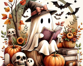 Fantasma vintage de Halloween PNG, Fantasma leyendo PNG, Fantasma bruja PNG, imágenes prediseñadas de la temporada de Halloween, imágenes prediseñadas de Halloween, Halloween adorable, diseño vintage