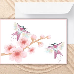 カード、空白、桜、ピンクの鳥、挨拶、母の日、誕生日、お見舞い、記念日、あなたを想っています、励まし、印刷可能
