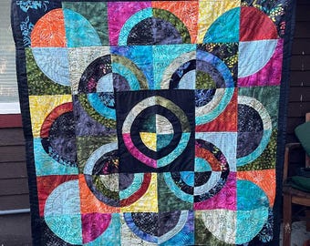bright colorful circles, batik fabrics, fleece back, wall hanging, gift, geometric, handmade quilt, throw, crib, 46&quot;x50&quot;