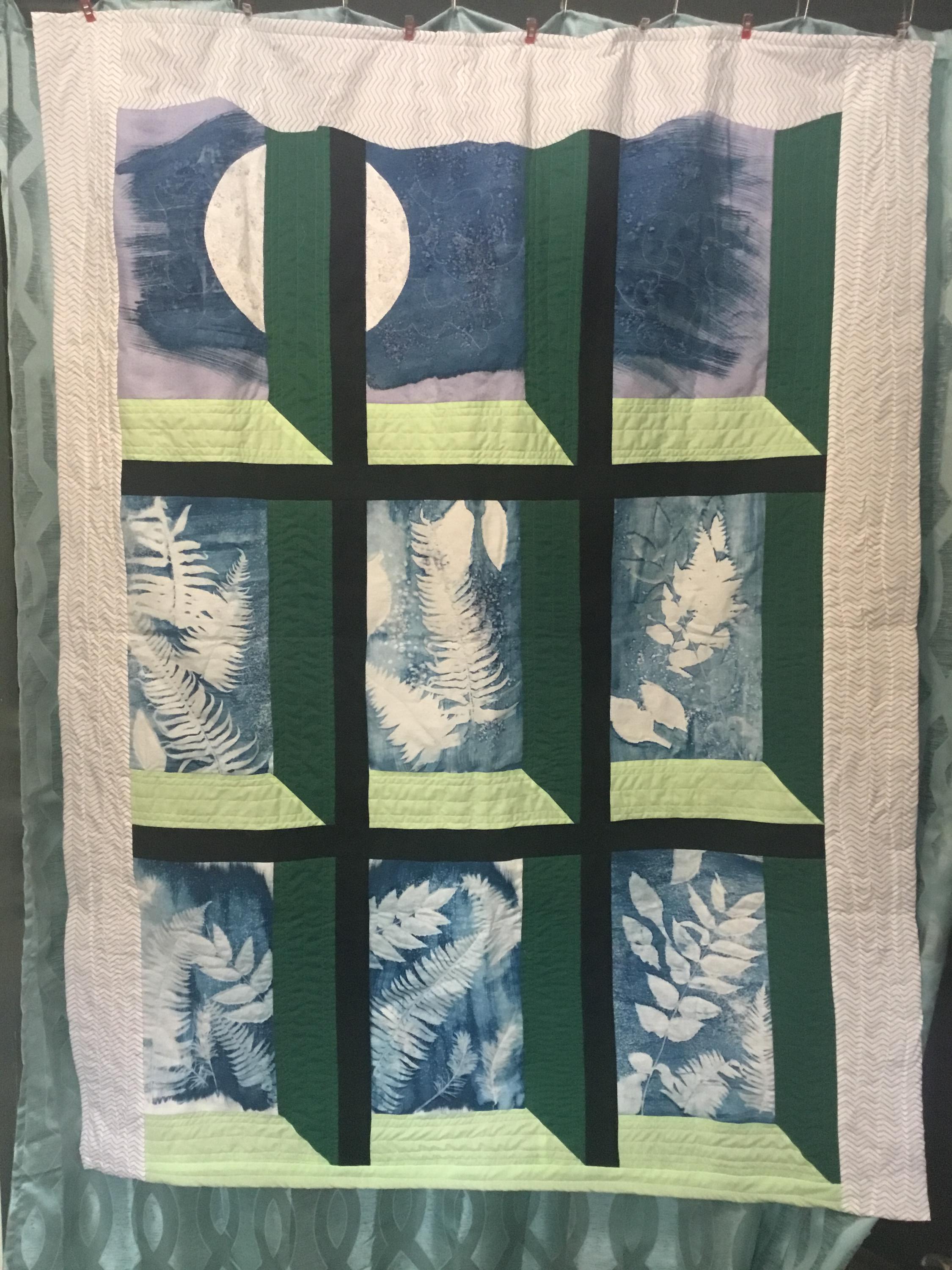 cyanotype printed window lap quilt or throw, wall hanging, unique, handmade, blues and greens, one of a kind, stunning, 48"x56", nature