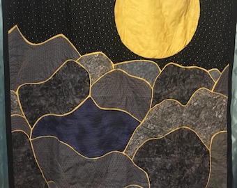 Moon over the Mountains lap quilt, handmade, unique, bright, great gift, all ages, black/gold, serene, cotton fabric,fleece backed, 46&quot;x55&quot;