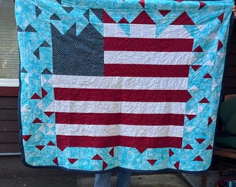 American flag lap quilt, original, made in USA, warm fleece back, red/white/blue, gift for service person, wall decor, 58&quot;x50&quot;