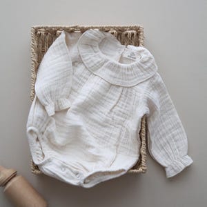 Cotton Muslin Baby Romper: Ruffle Collar, Neutral Beige Outfit