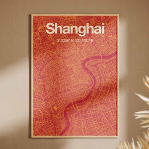 Affiche d'art de carte urbaine de Shanghai, carte de Shanghai design, impression de carte du monde de style street art, décoration de voyage moderne, art mural avec les coordonnées de la ville