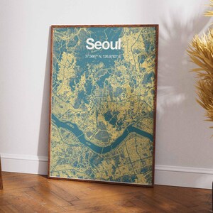 Poster d'art de carte design urbain de Séoul, impression coordonnée de la ville, décoration murale moderne, carte inspirée du Street Art, téléchargement numérique